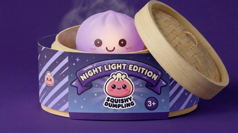 Mystery Squishy Dumpling Night Light in its bamboo steamer box