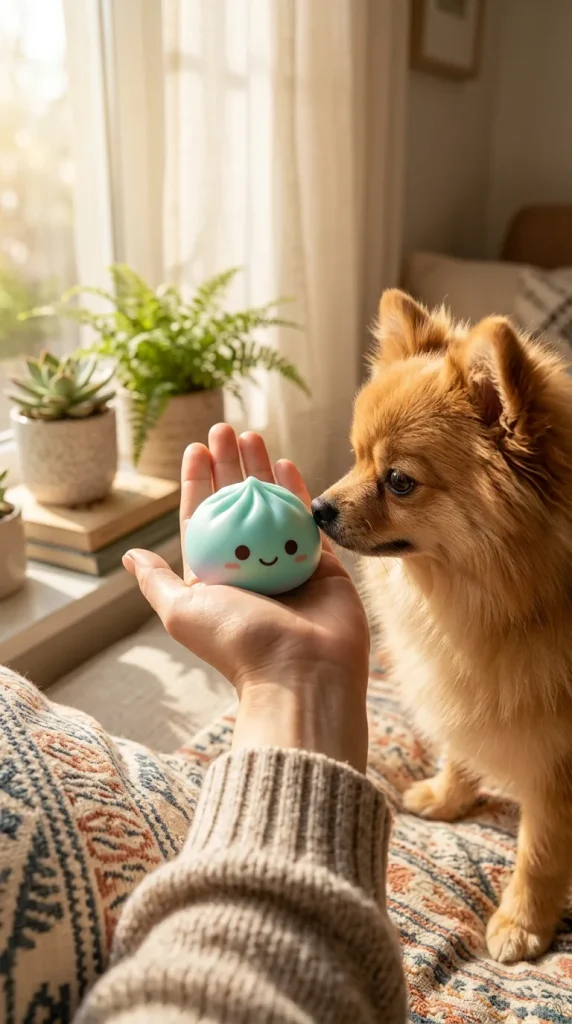 Mystery Squishy Dumpling Night Light with a plush friend