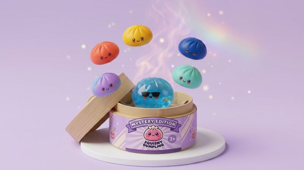 Mystery Dumpling Squishy – Summer Edition being squeezed, soft slow-rise foam