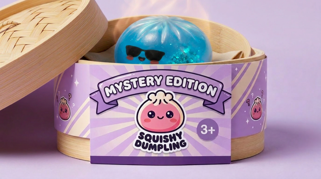Mystery Dumpling Squishy – Summer Edition in its bamboo steamer box