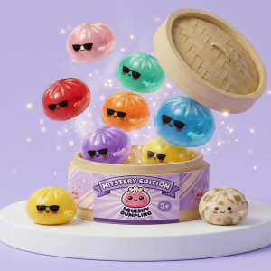Mystery Dumpling Squishy – Sunglasses Surprise being squeezed, soft slow-rise foam