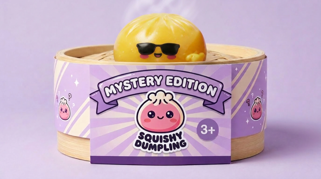 Mystery Dumpling Squishy – Sunglasses Surprise in its bamboo steamer box