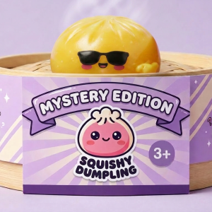 Mystery Dumpling Squishy – Sunglasses Surprise in its bamboo steamer box