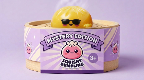 Mystery Dumpling Squishy – Sunglasses Surprise in its bamboo steamer box