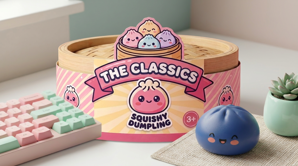 Midnight Navy Blue Dumpling Squishy in its kawaii setting