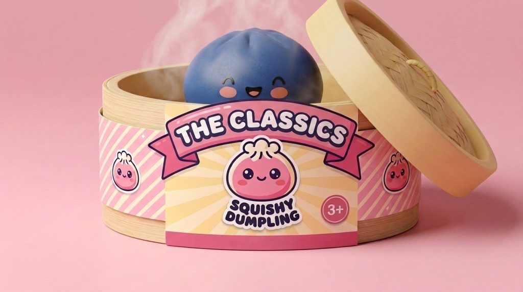 Midnight Navy Blue Dumpling Squishy in its bamboo steamer box
