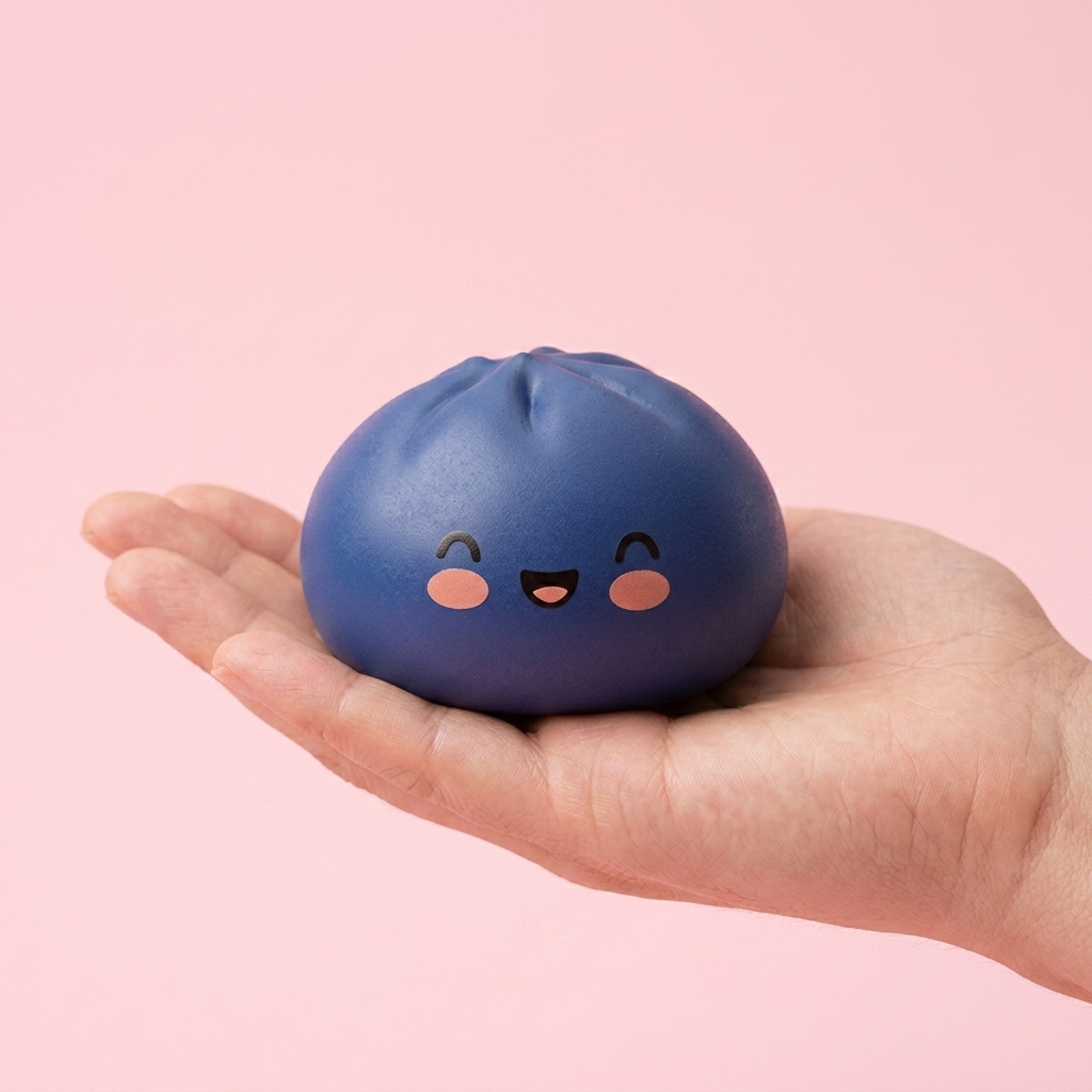 Midnight Navy Blue Dumpling Squishy held in hand, actual size