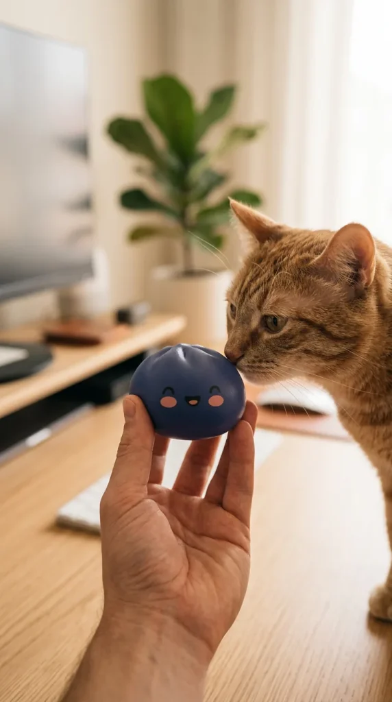 Midnight Navy Blue Dumpling Squishy with a plush friend