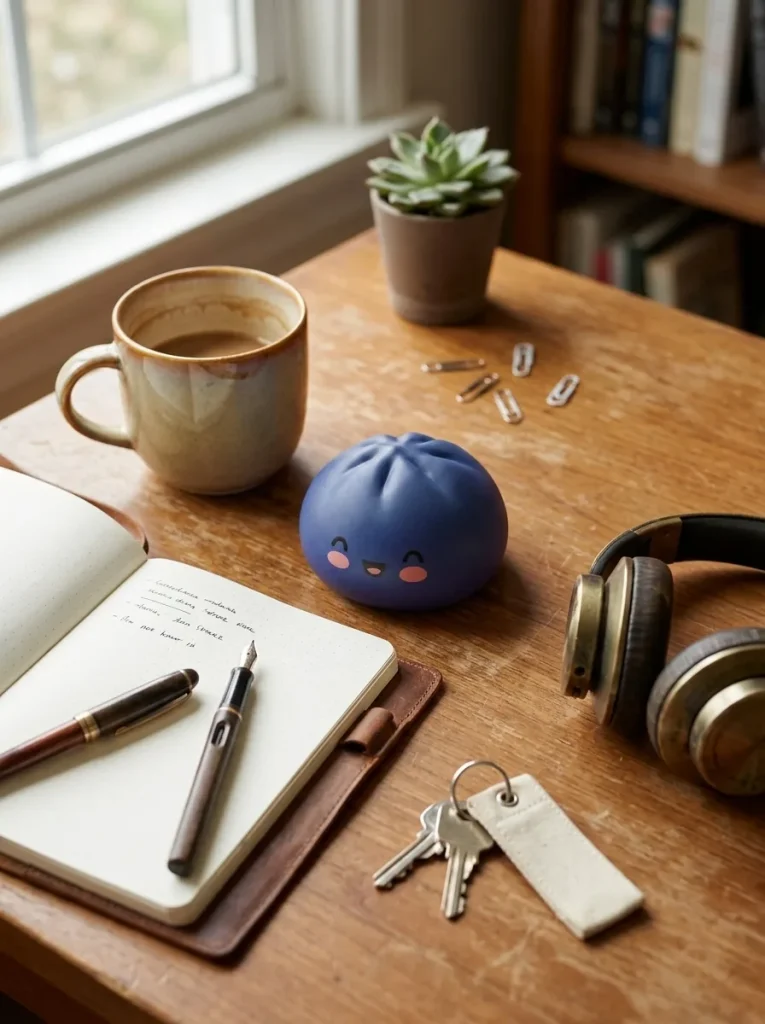 Midnight Navy Blue Dumpling Squishy on the desk