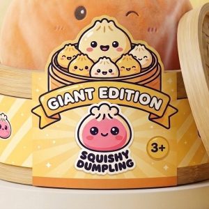 Giant Orange Dumpling Squishy in its bamboo steamer box