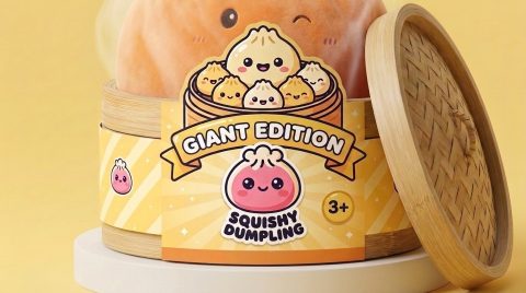 Giant Orange Dumpling Squishy in its bamboo steamer box