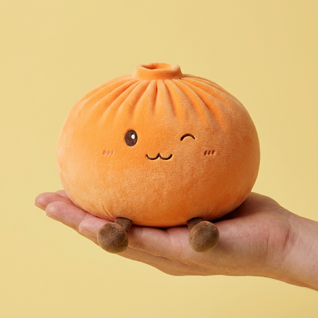 Giant Orange Dumpling Squishy held in hand, actual size