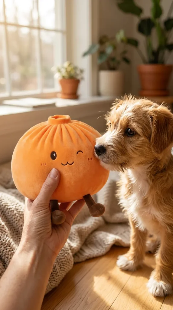 Giant Orange Dumpling Squishy with a plush friend