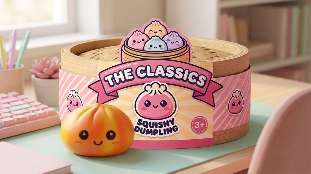 Tie Dye Orange Dumpling Squishy in its kawaii setting