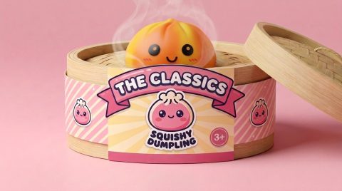 Tie Dye Orange Dumpling Squishy in its bamboo steamer box