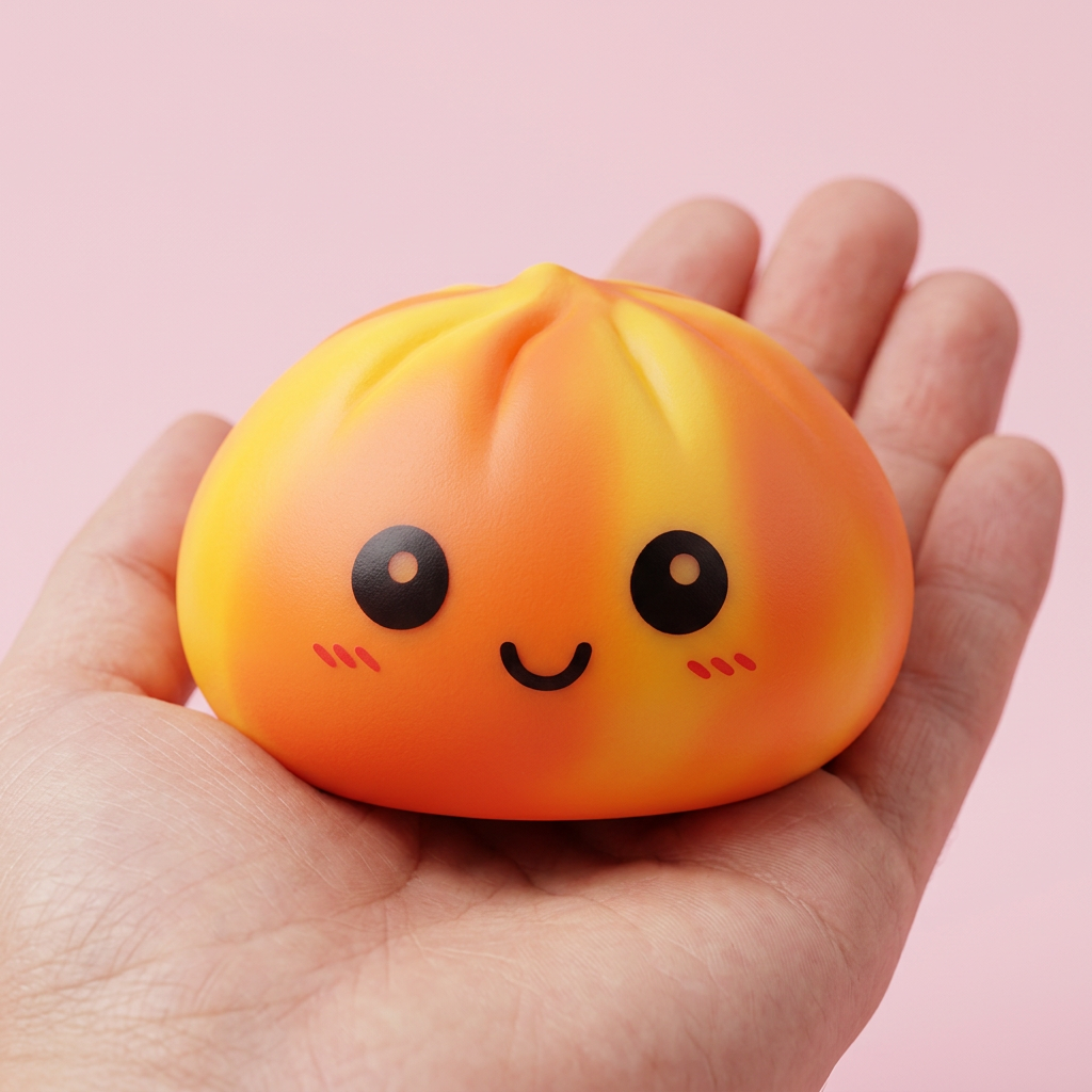 Tie Dye Orange Dumpling Squishy held in hand, actual size
