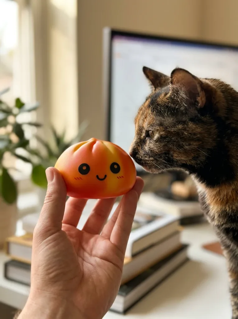 Tie Dye Orange Dumpling Squishy with a plush friend