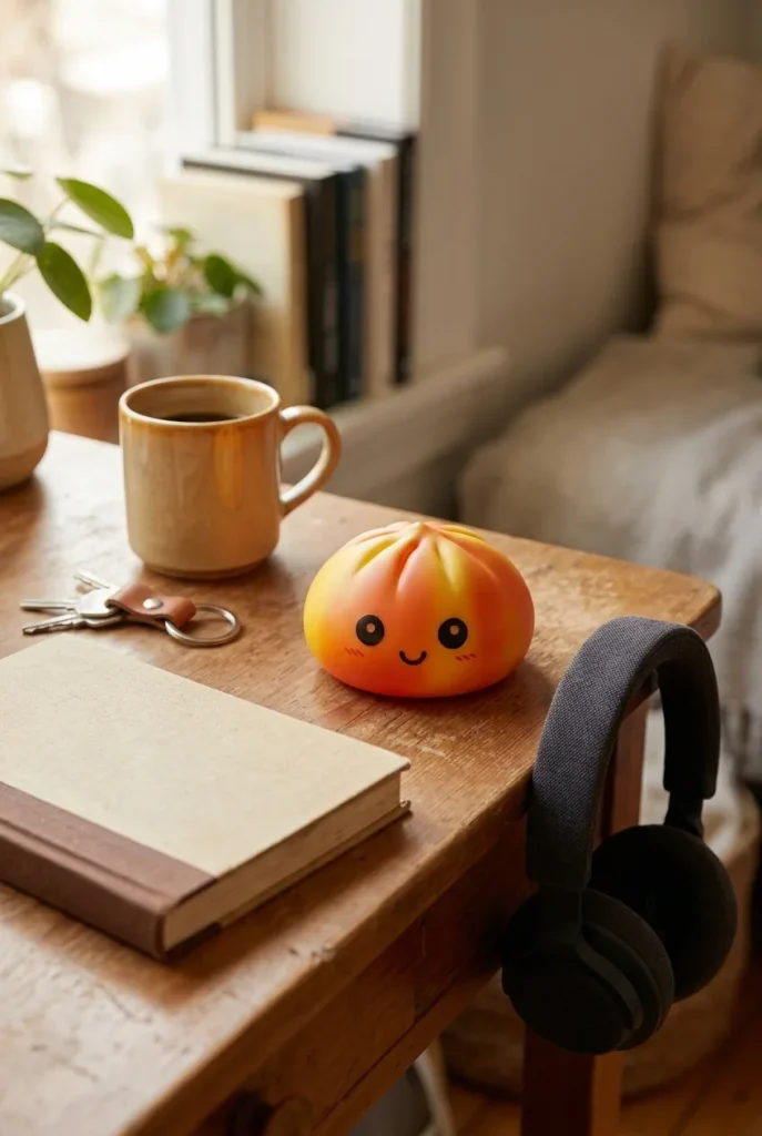 Tie Dye Orange Dumpling Squishy on the desk