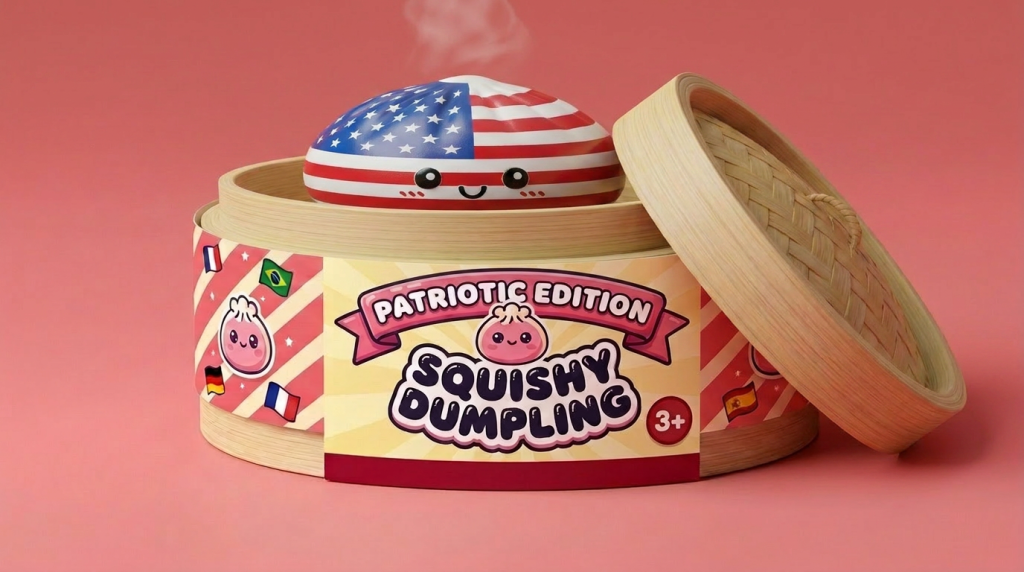 Squishy Dumpling USA in its bamboo steamer box