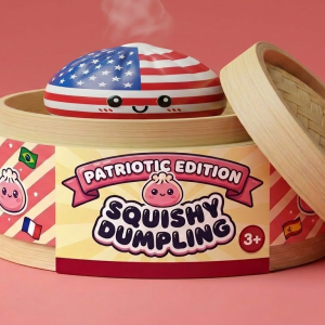 Squishy Dumpling USA in its bamboo steamer box