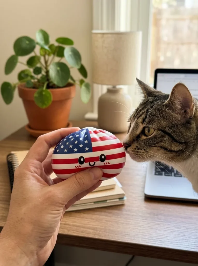 Squishy Dumpling USA with a plush friend