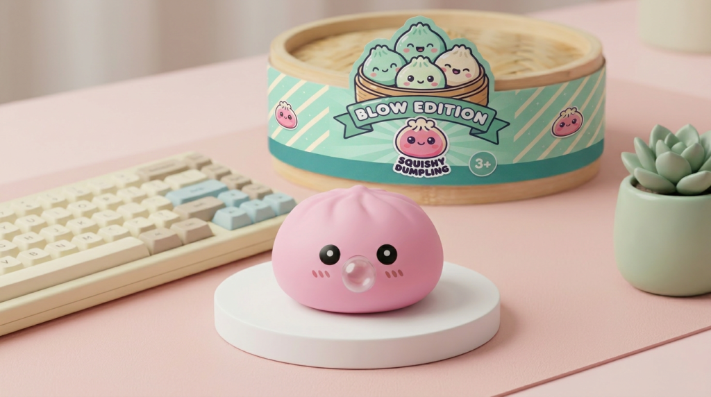 Soft Pink Dumpling Squishy in its kawaii setting
