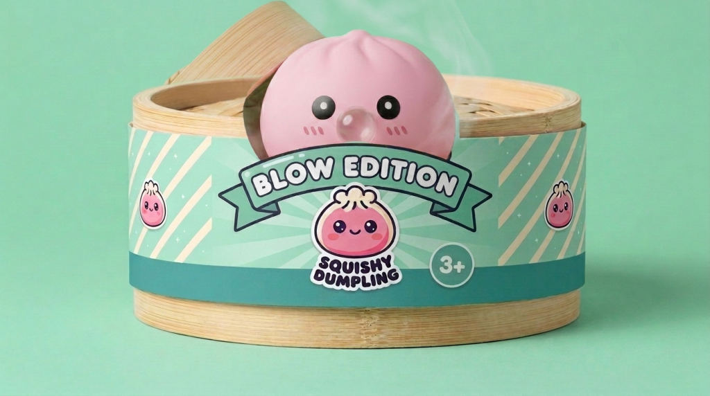 Soft Pink Dumpling Squishy in its bamboo steamer box