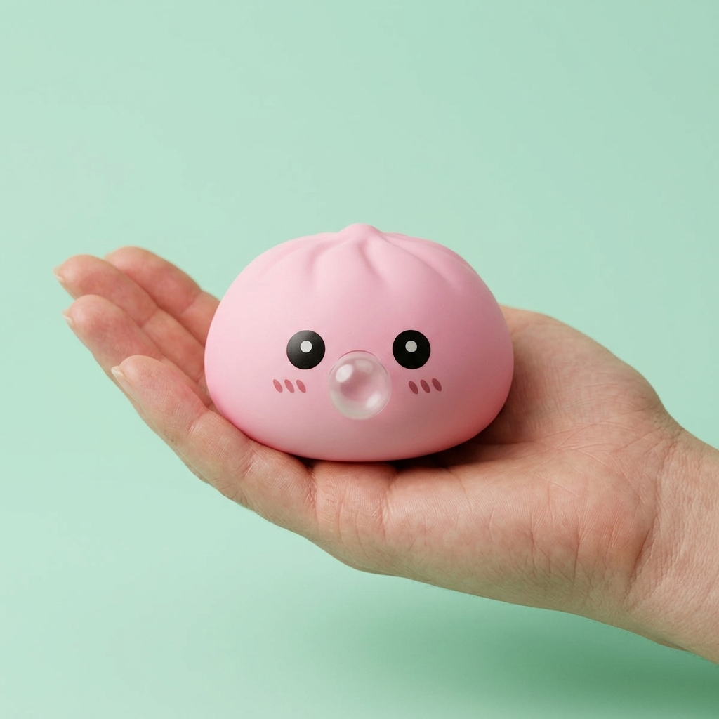 Soft Pink Dumpling Squishy held in hand, actual size