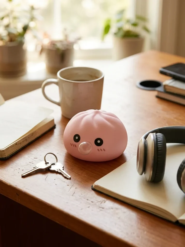 Soft Pink Dumpling Squishy on the desk
