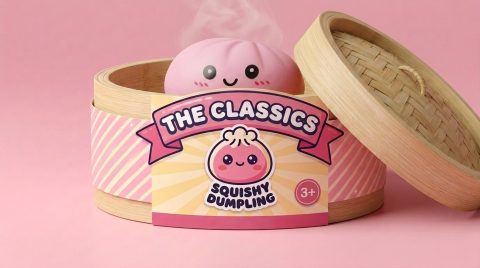 Pink Blossom Squishy Dumpling in its bamboo steamer box