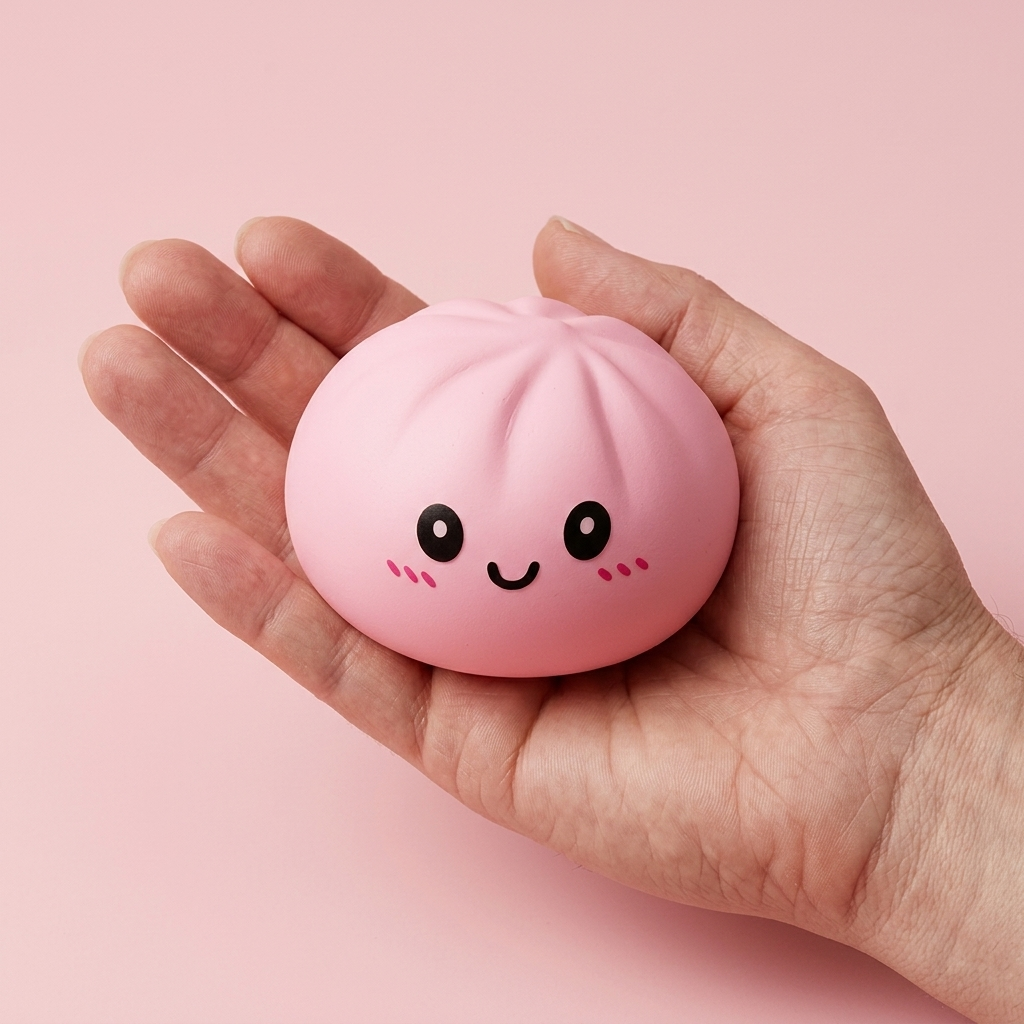 Pink Blossom Squishy Dumpling held in hand, actual size