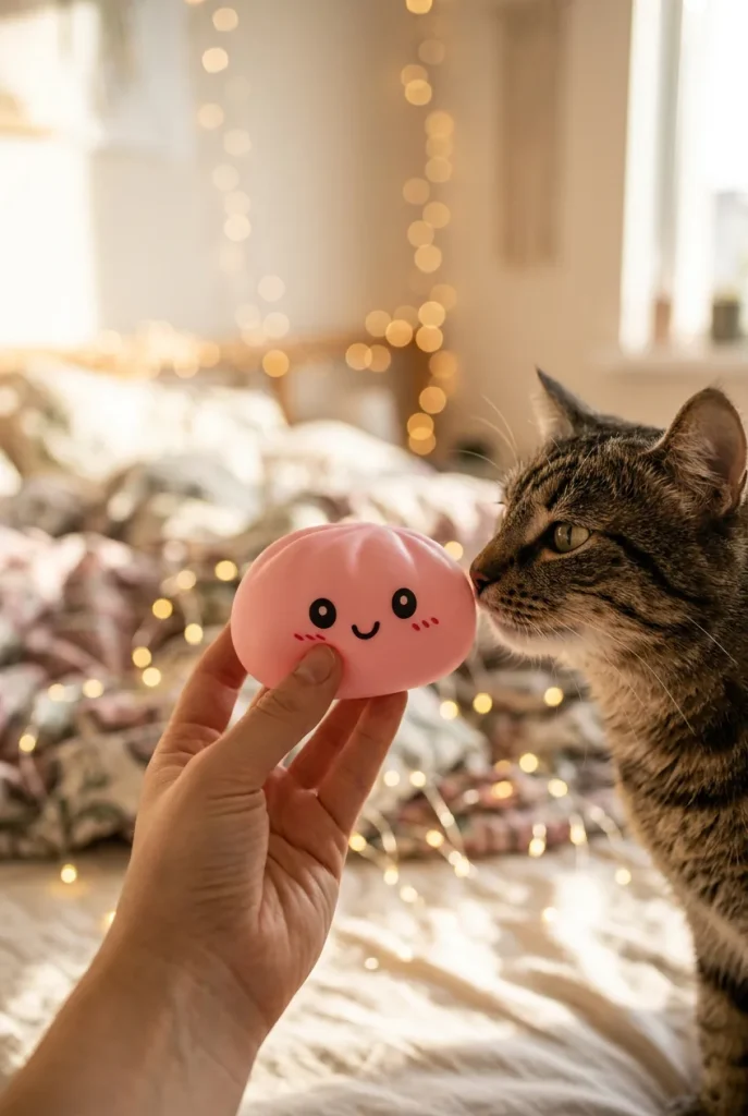 Pink Blossom Squishy Dumpling with a plush friend