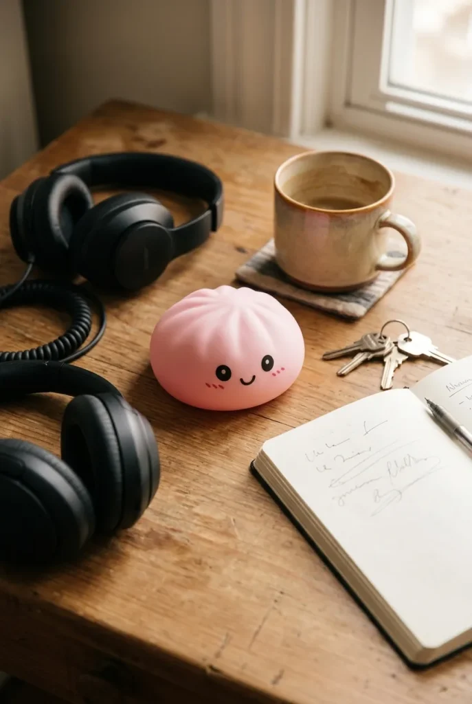 Pink Blossom Squishy Dumpling on the desk