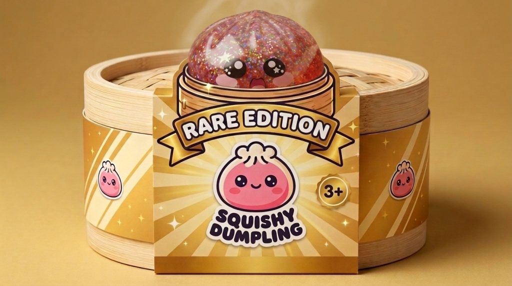 Pink Galaxy Dumpling Squishy in its bamboo steamer box