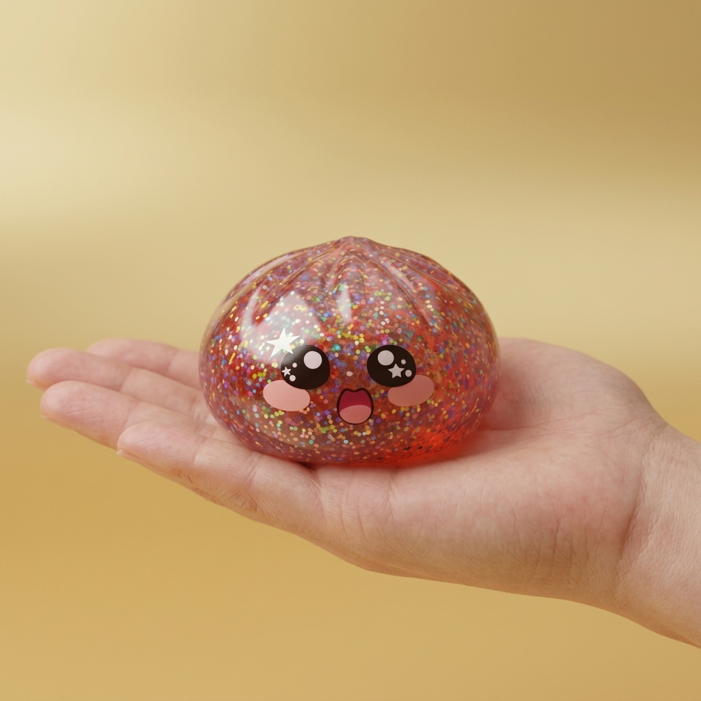 Pink Galaxy Dumpling Squishy held in hand, actual size