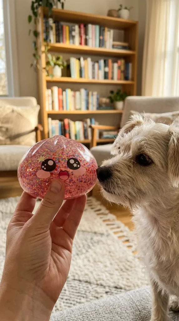 Pink Galaxy Dumpling Squishy with a plush friend