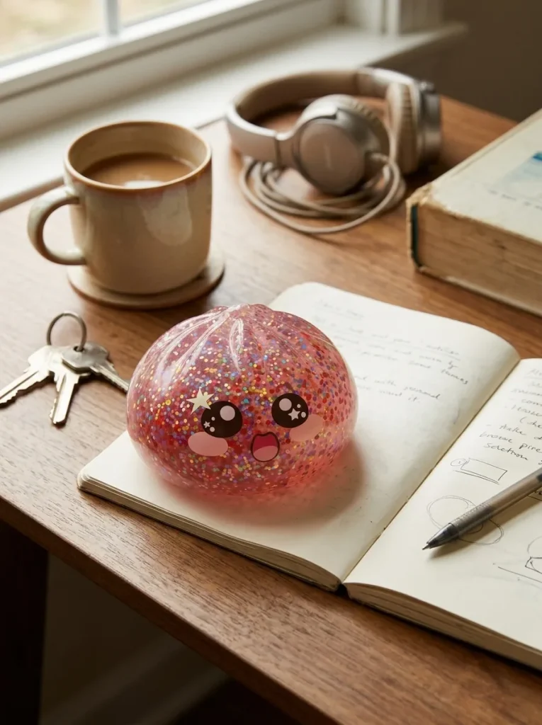 Pink Galaxy Dumpling Squishy on the desk