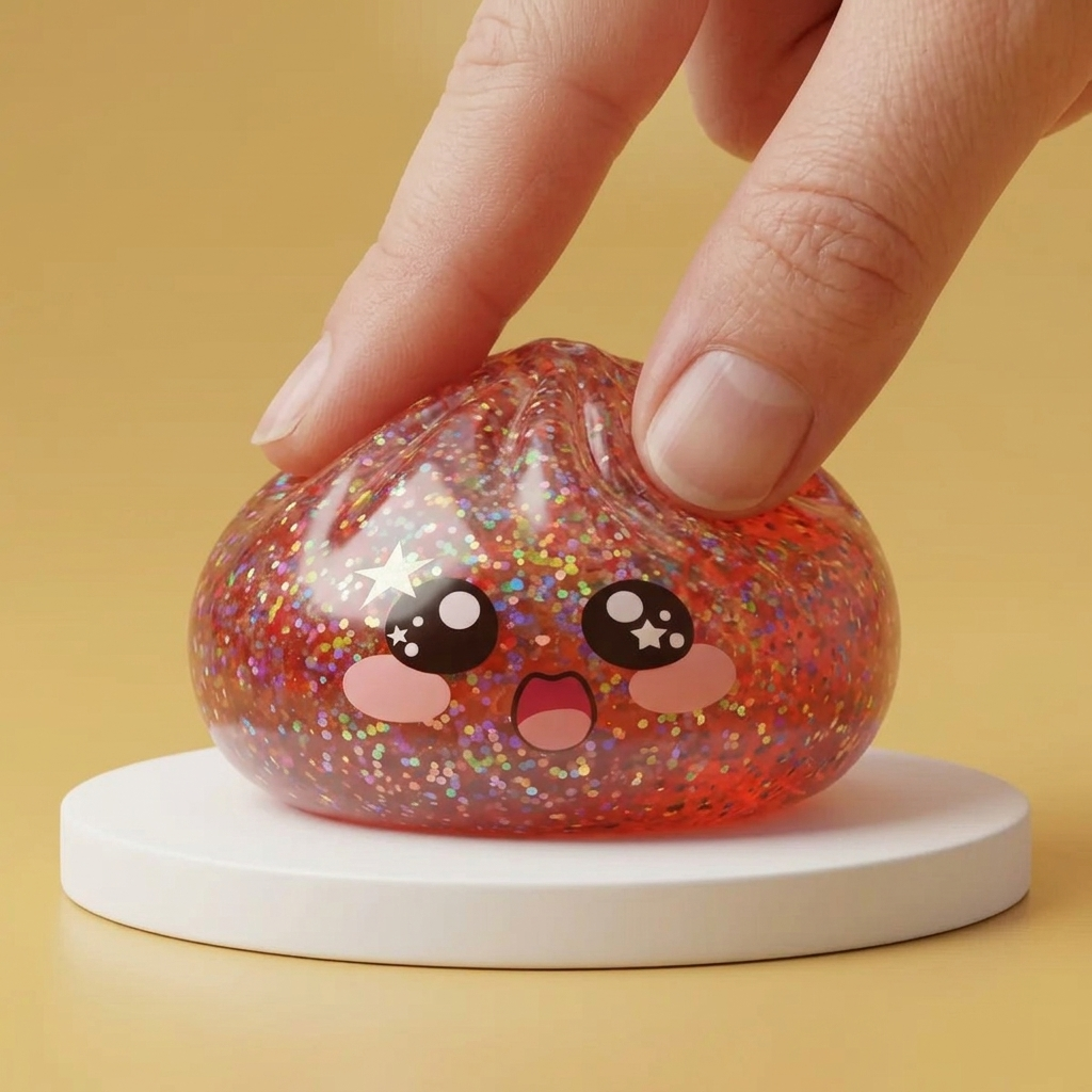Pink Galaxy Dumpling Squishy being squeezed, soft slow-rise foam