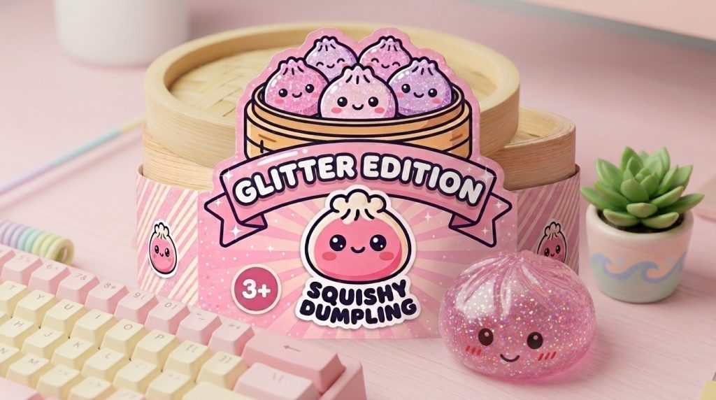 Kawaii Pink Glitter Dumpling Squishy in its kawaii setting