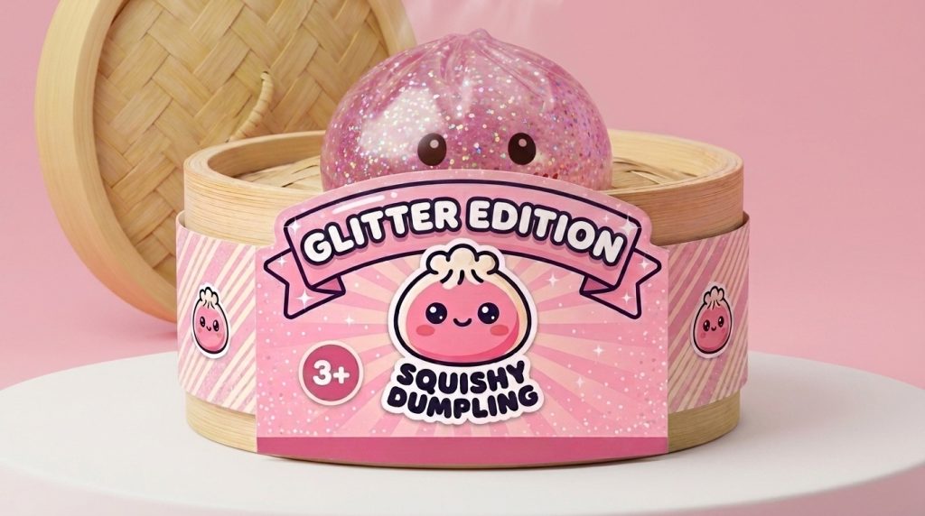 Kawaii Pink Glitter Dumpling Squishy in its bamboo steamer box