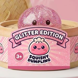 Kawaii Pink Glitter Dumpling Squishy in its bamboo steamer box