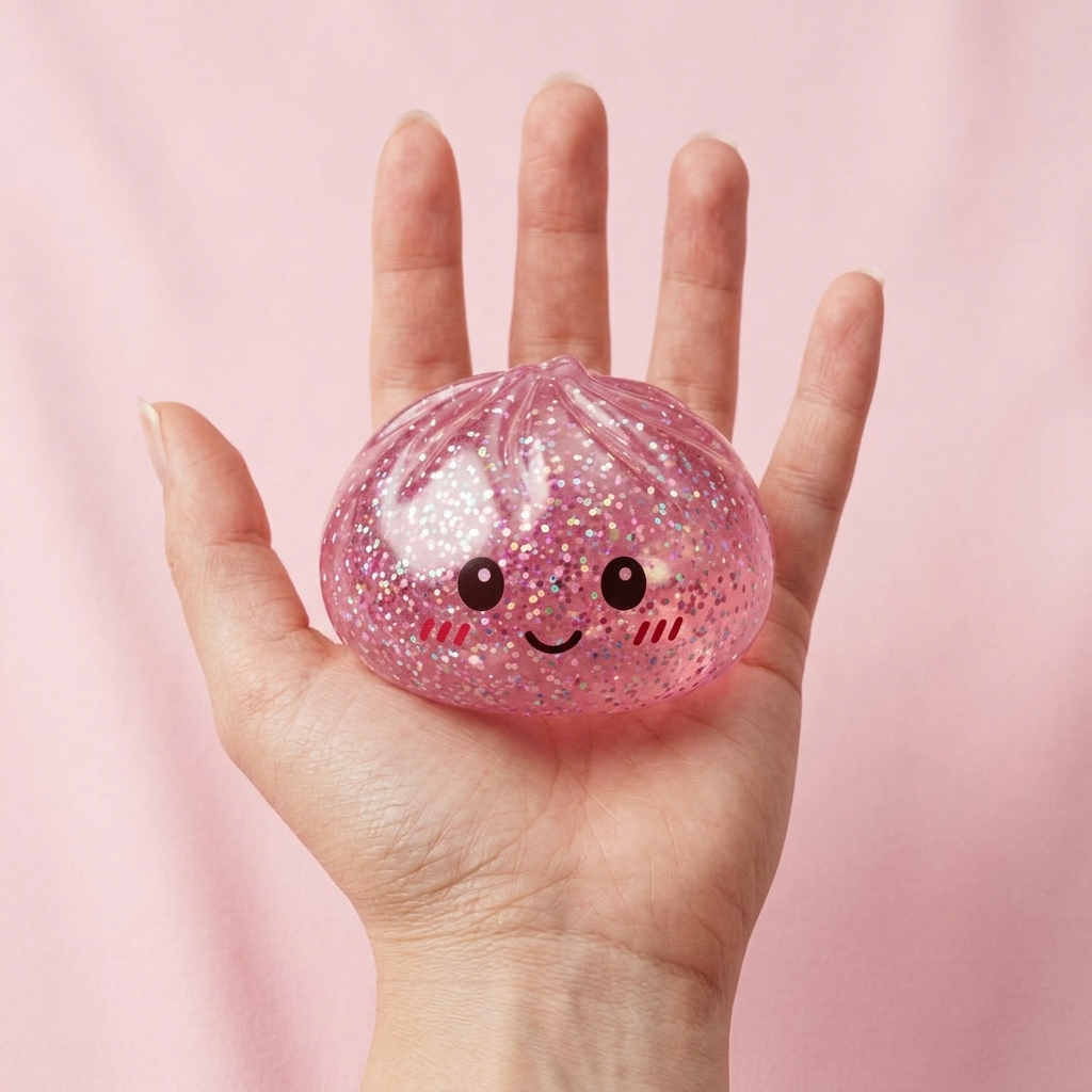 Kawaii Pink Glitter Dumpling Squishy held in hand, actual size