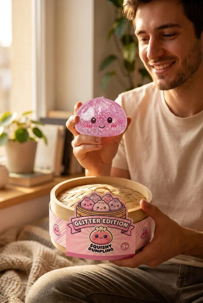 Kawaii Pink Glitter Dumpling Squishy with its box