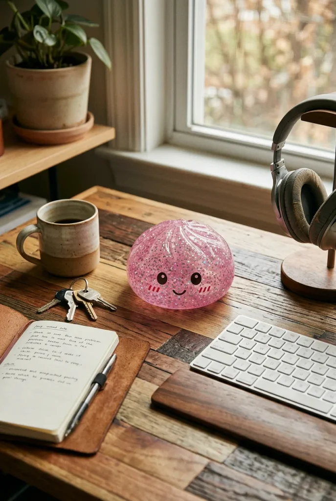 Kawaii Pink Glitter Dumpling Squishy on the desk