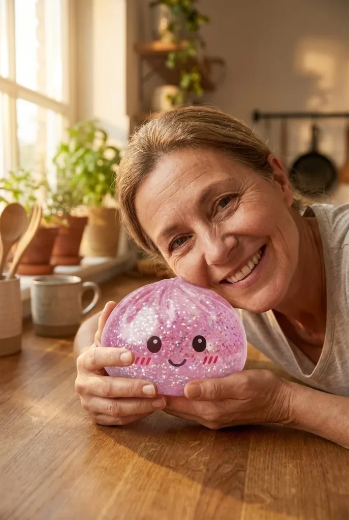 Kawaii Pink Glitter Dumpling Squishy in everyday life