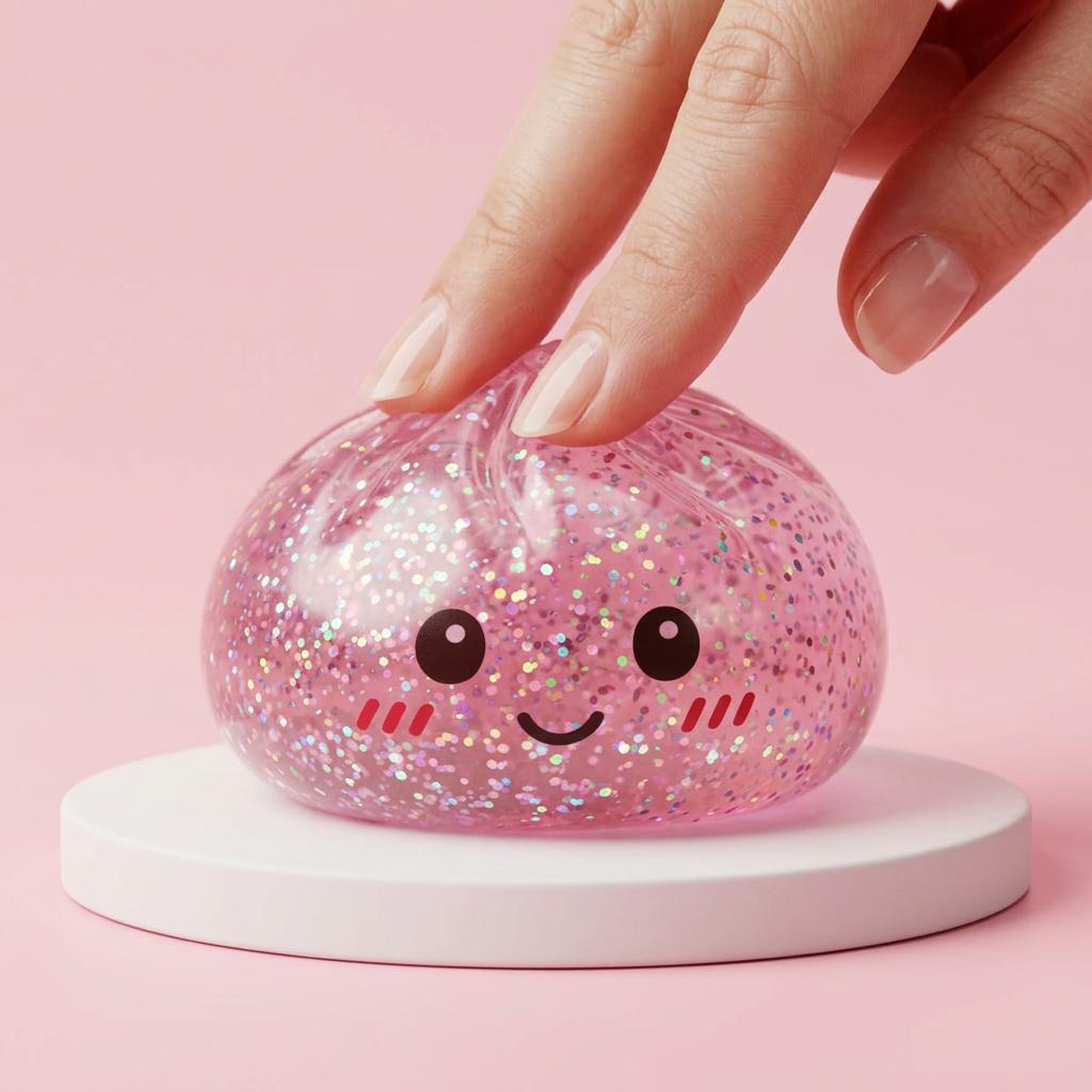 Kawaii Pink Glitter Dumpling Squishy being squeezed, soft slow-rise foam