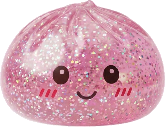 Kawaii Pink Glitter Dumpling Squishy being squeezed, soft slow-rise foam