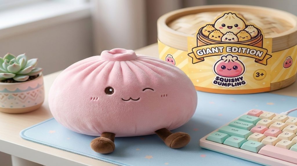 Giant Pink Squishy Dumpling Toy in its kawaii setting