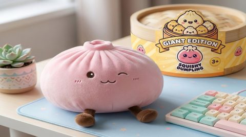 Giant Pink Squishy Dumpling Toy in its kawaii setting