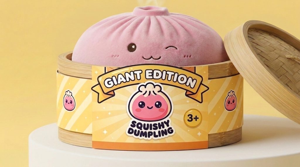 Giant Pink Squishy Dumpling Toy in its bamboo steamer box